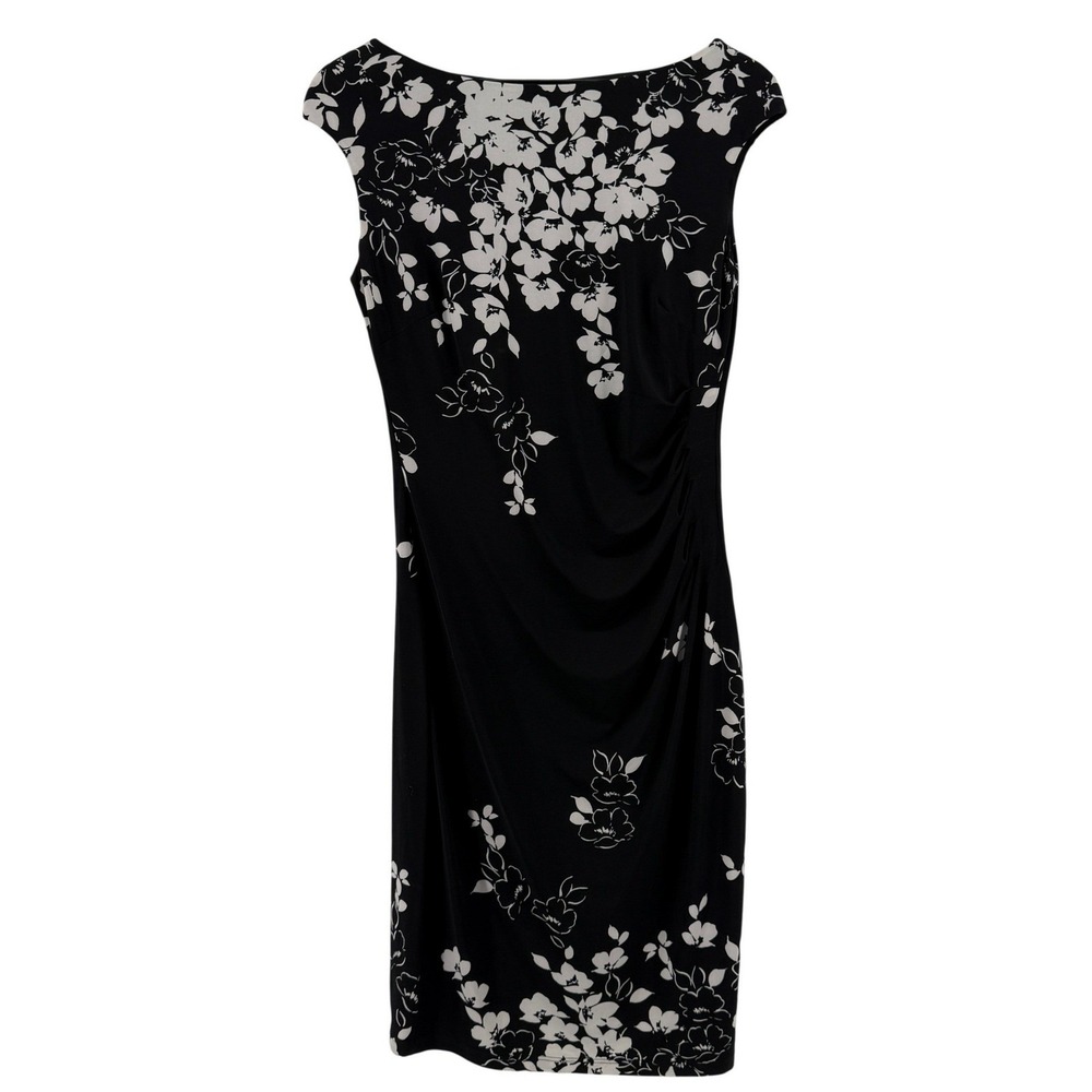 Lauren Ralph Lauren Floral Ruched Sheath Dress Black White Sz 6 Boatneck Cap Slv